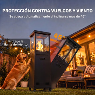 Estufa de Gas Butano Exterior, 13 kW, Calefactor de Gas Terraza con Regulación Continua del Calor, Encendido Piezoeléctrico, Antivuelco, 4 Ruedas, Vidrio Templado y Piedras Lava, 30 m² Negro