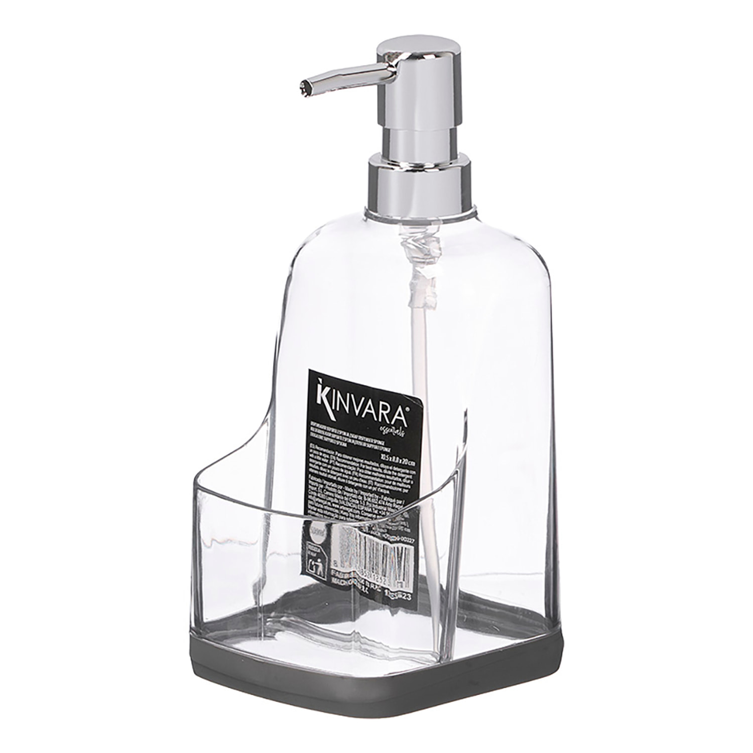 Dosificador transparente para cocina con compartimento para estropajo.