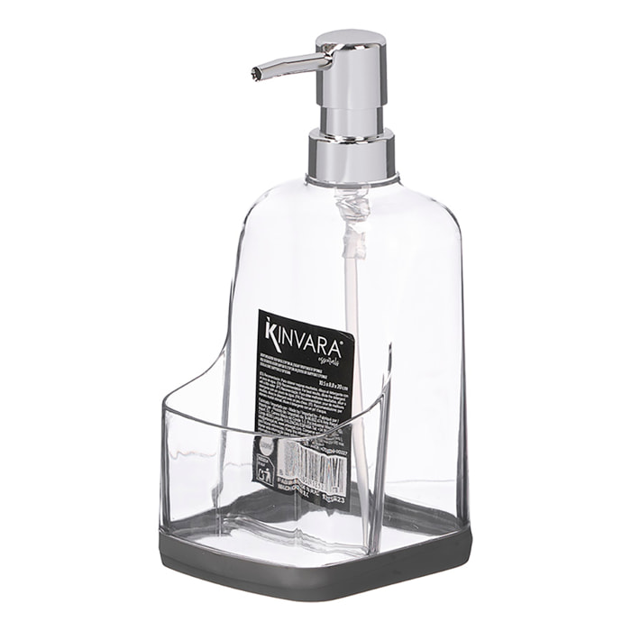 Dosificador transparente para cocina con compartimento para estropajo.