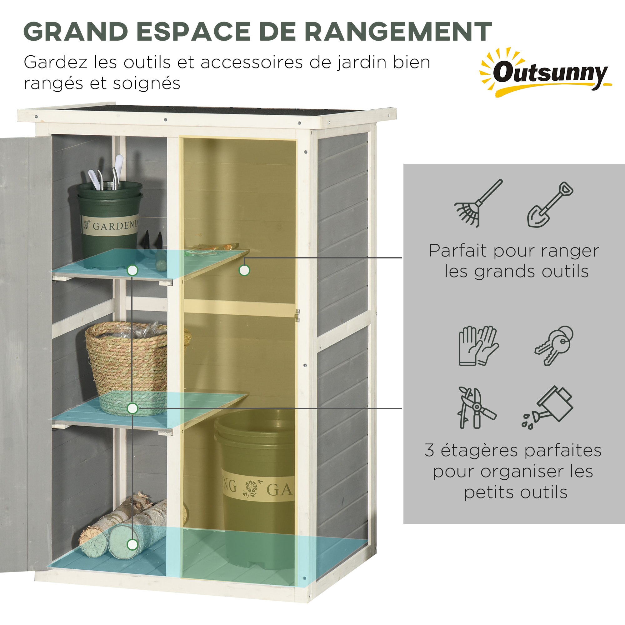 Armoire abri de jardin remise pour outils - grande porte verrouillable loquet - 2 étagères - toit bitumé incliné bois de sapin blanc gris