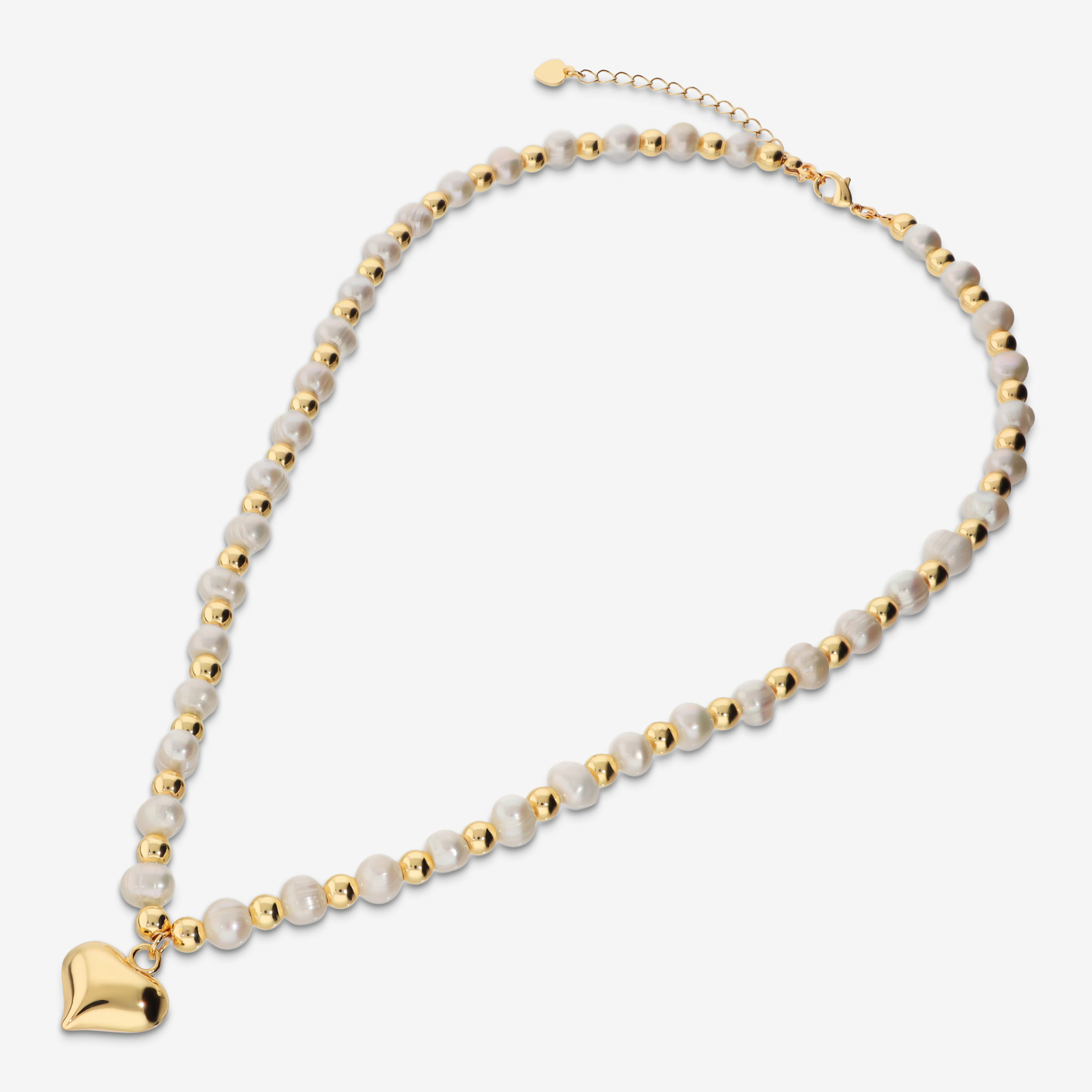 Collana di Perle Bianche d'Acqua Dolce con Bead Lucide e Ciondolo Cuore Bombato