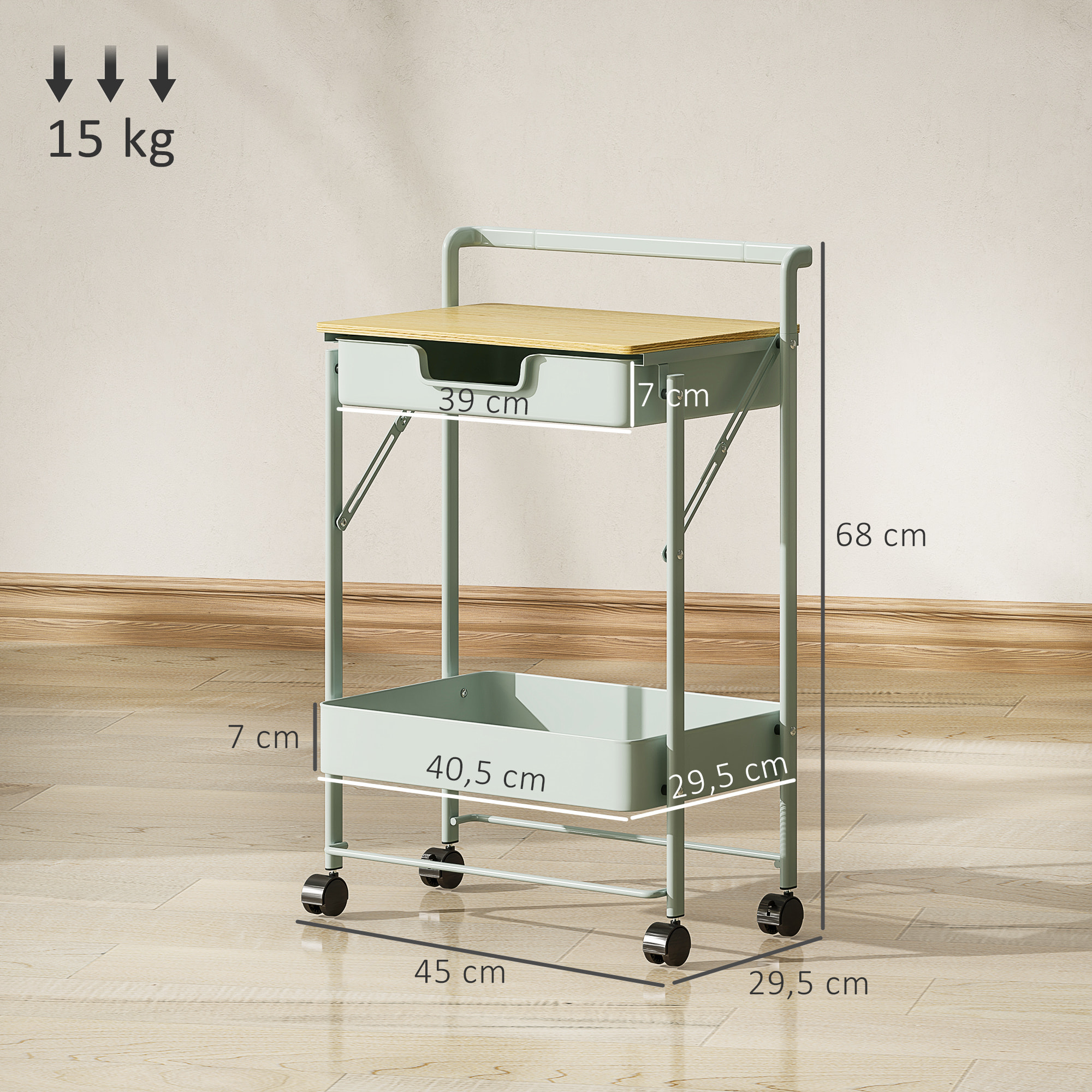 Carrito Auxiliar con Ruedas de 2 Niveles Carro de Cocina con 1 Cajón y 1 Cesta Carrito Organizador para Dormitorio Salón Oficina Verde Claro