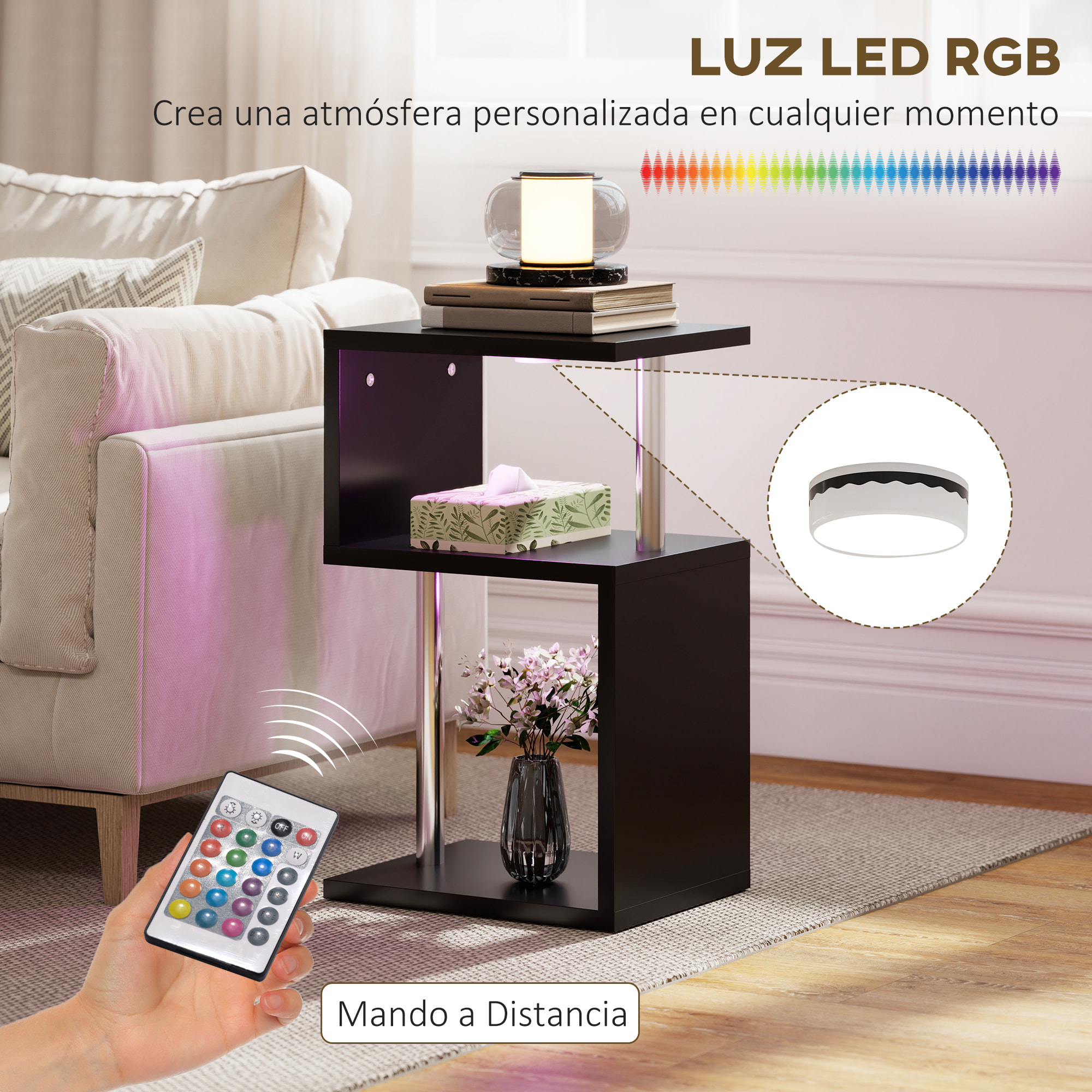 Mesa Auxiliar con Luz LED de 3 Niveles Mesita Auxiliar Moderno con Forma de S Estantes Abiertos y Estructura de Aluminio para Salón Dormitorio 44x38x75 cm Negro Brillo