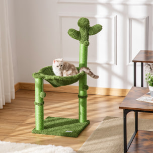 Arbre à chat griffoirs design cactus - hamac, 3 jouets pompons suspendus - panneaux peluche sisal vert