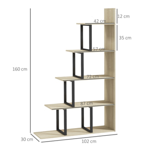 Étagère bibliothèque séparateur de pièce style industriel en escalier 5 étagères acier noir panneaux aspect bois chêne clair