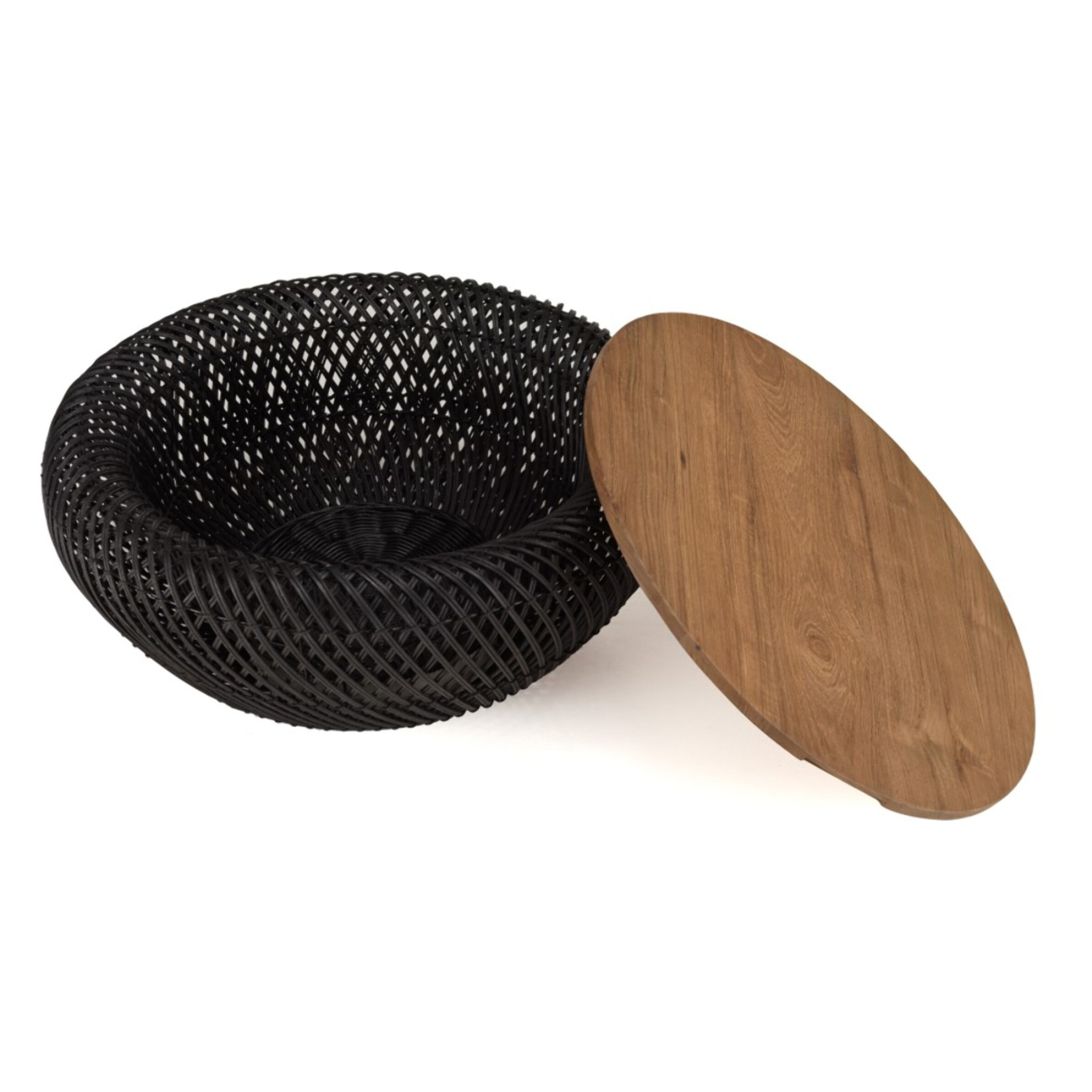 SIXTINE - Table basse ronde diam65 plateau bois teck recyclé rotin noir