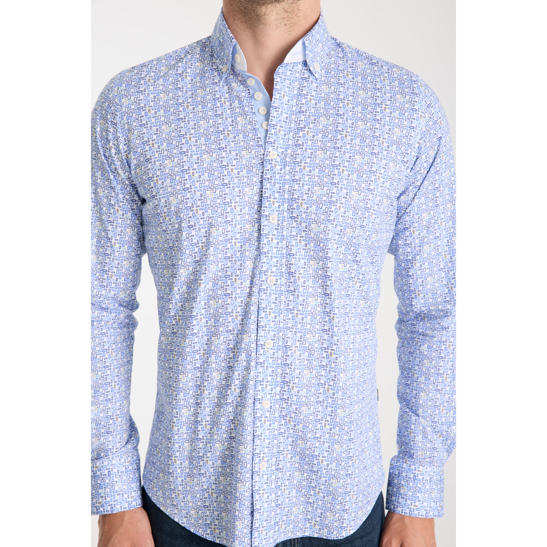 Camicia Uomo 1 Bottoni Button Down Slim Popeline Stretch Stampato Bianco\Blu Inchiostro