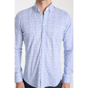 Camicia Uomo 1 Bottoni Button Down Slim Popeline Stretch Stampato Bianco\Blu Inchiostro