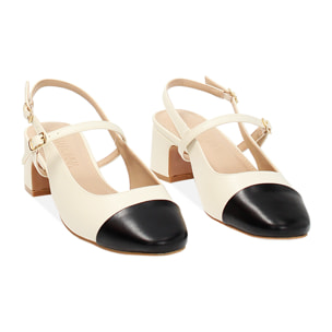 Décolleté slingback donna panna-nere, tacco largo 5 cm