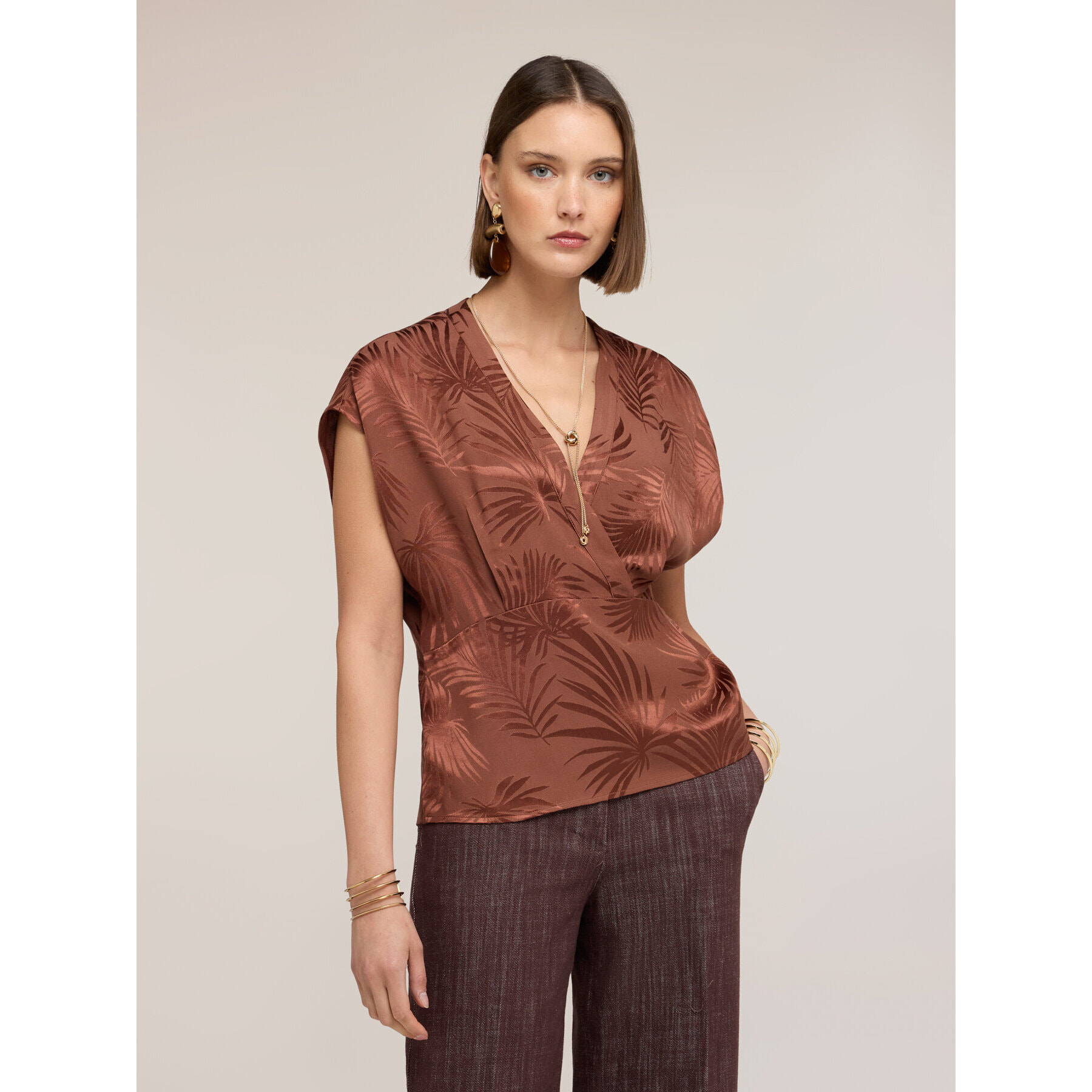 Motivi - Blusa kimono in raso jacquard - Marrone