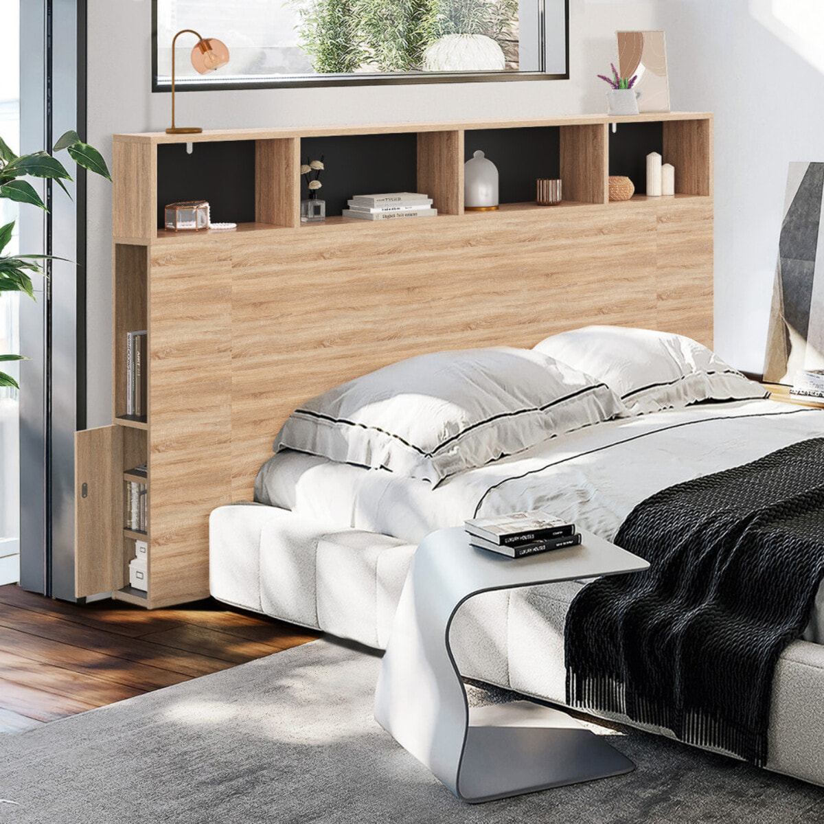 Tête de lit Léo bois et noire avec rangements 165 cm