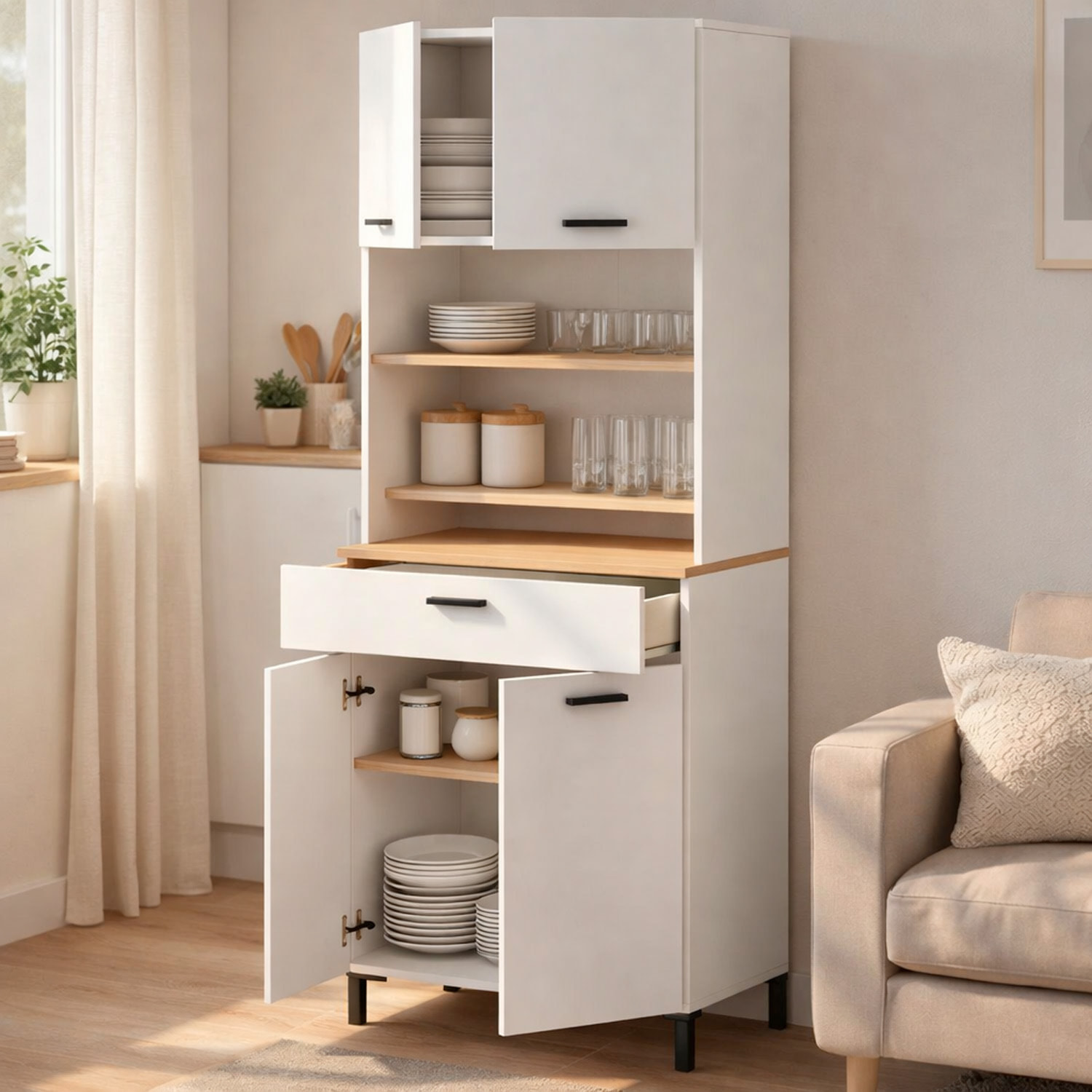Mobile Dispensa Multiuso con 4 Ante 1 Cassetto E Vano Per Elettrodomestici Con Ripiani Interni Piano Appoggio 72 x 185 x 40 Cm Colore Bianco E Rovere