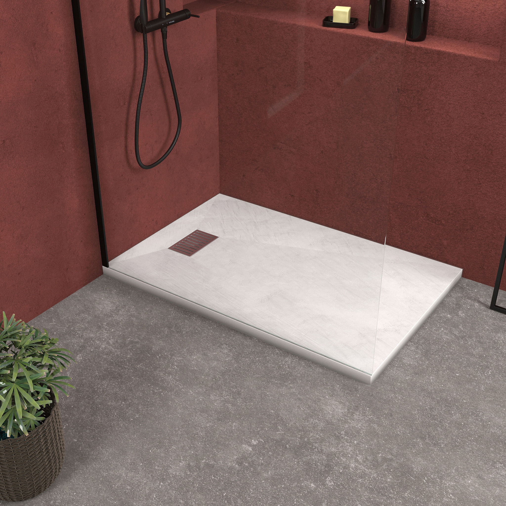 Receveur de douche Blanc Effet Pierre 80x120 cm et Grille décor Linéaire en Inox