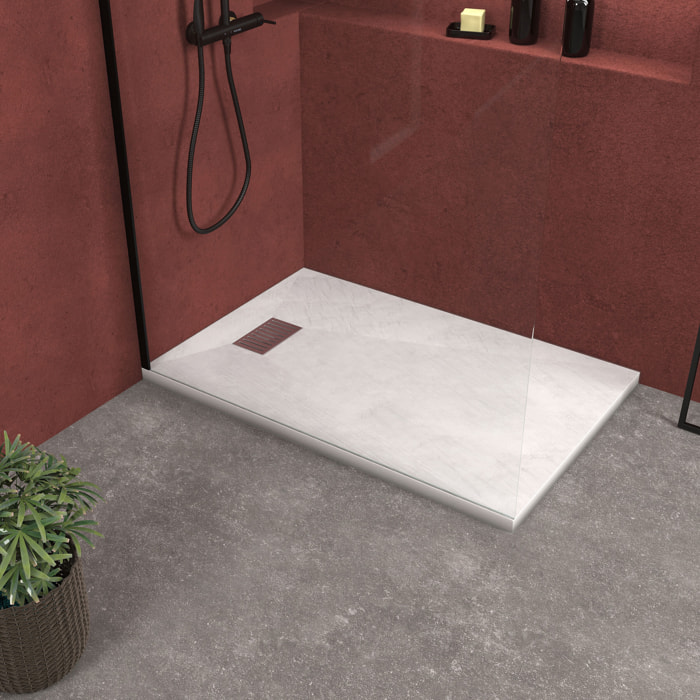 Receveur de douche Blanc Effet Pierre 80x120 cm et Grille décor Linéaire en Inox