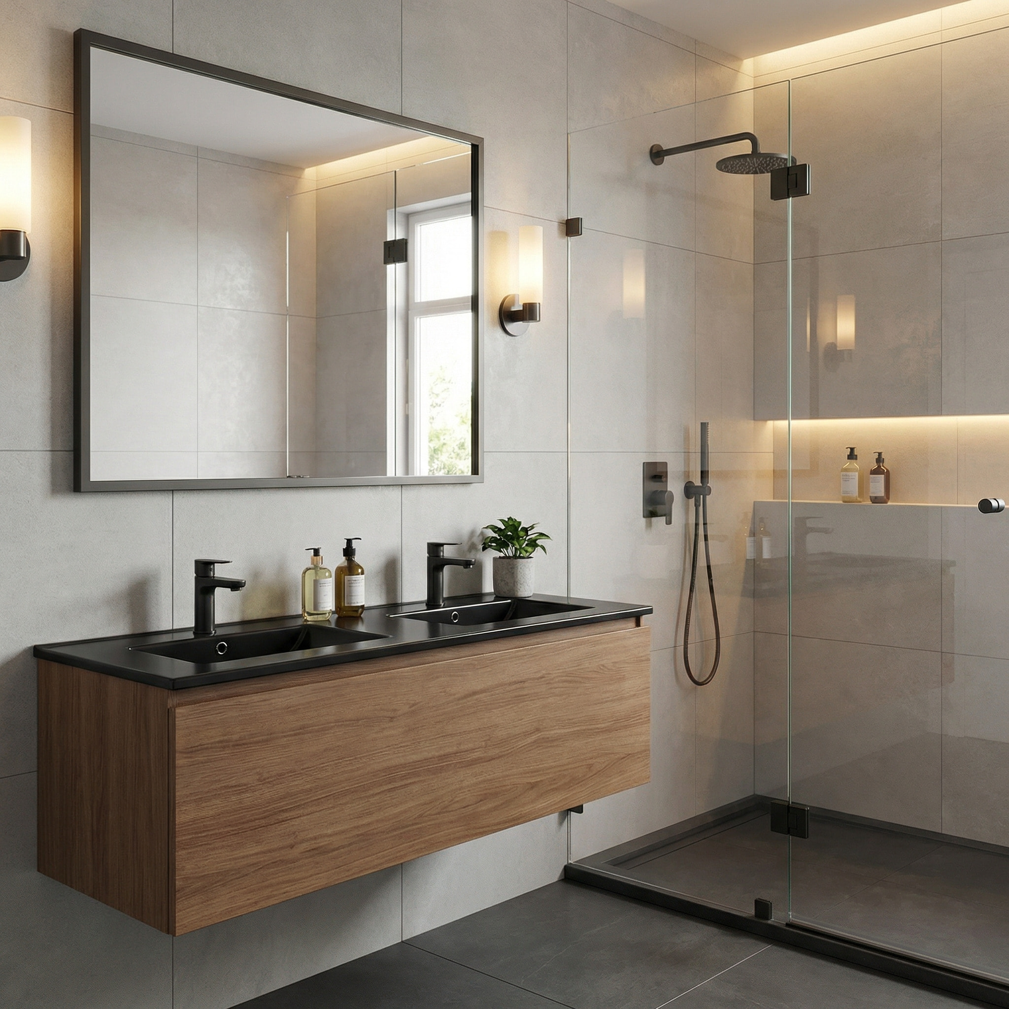 Lavabo double Modena noir mat 121×46×17,5 cm pour meuble 120 cm en céramique – 2 trous, avec trop-plein (M12046BKM) (M12046BKM)