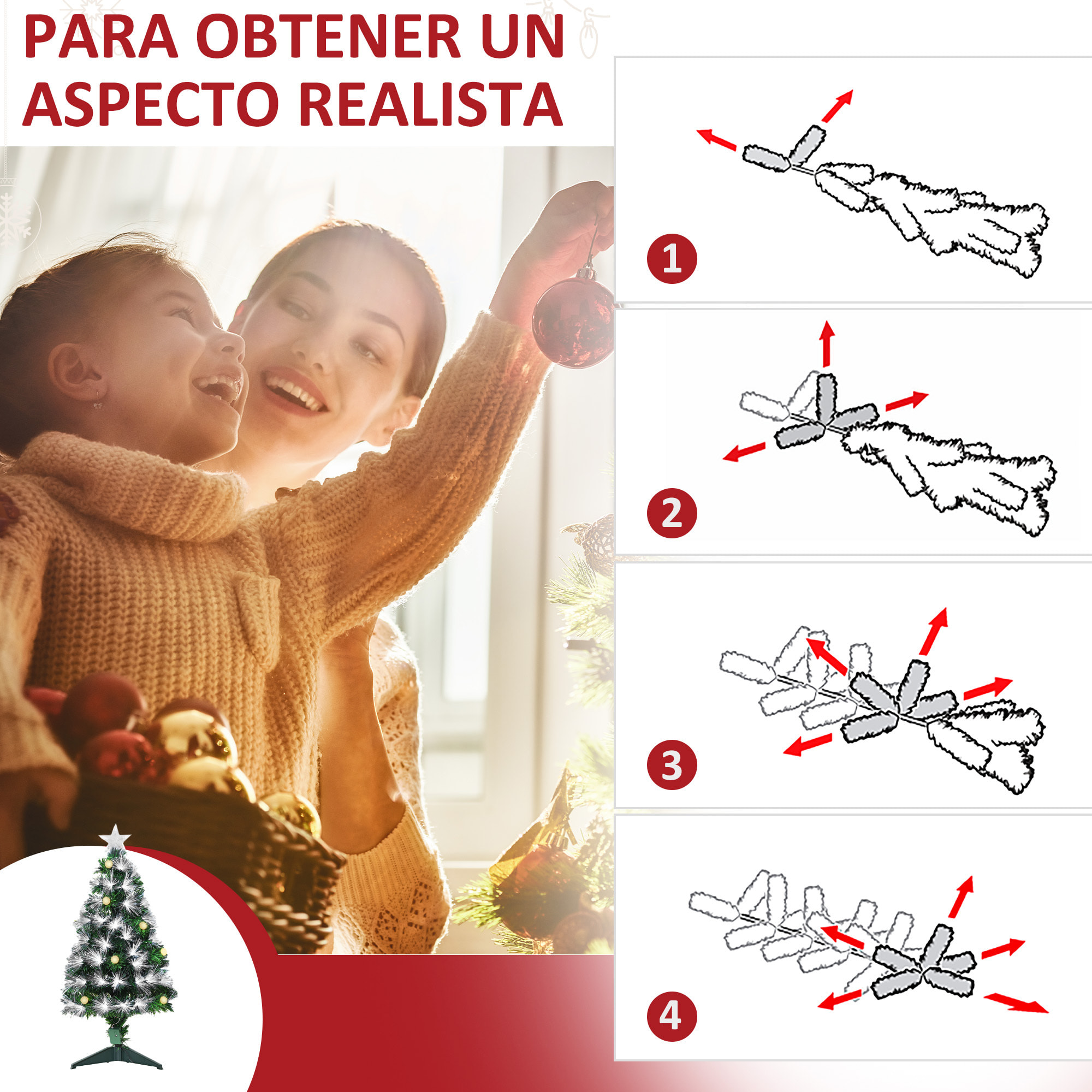 Árbol de Navidad 90 cm Árbol de Navidad con Fibra Óptica Árbol de Navidad Artificial con 90 Luces LED y 90 Ramas para Interior Verde y Blanco