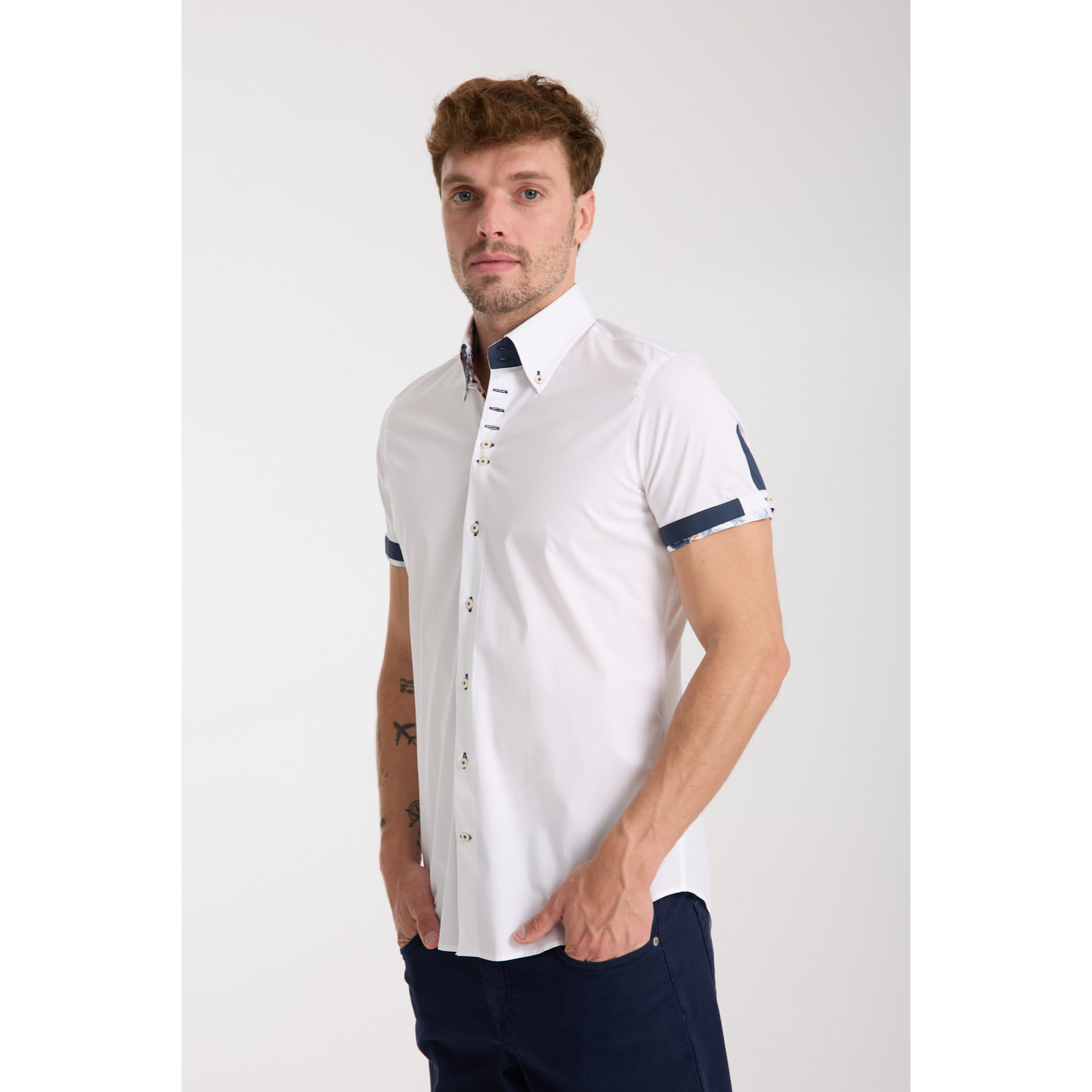 Camicia Uomo Manica Corta 2 Bottoni Button Down 7 Botto Popeline Stretch Unito Bianco