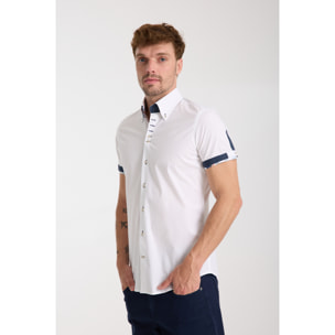 Camicia Uomo Manica Corta 2 Bottoni Button Down 7 Botto Popeline Stretch Unito Bianco