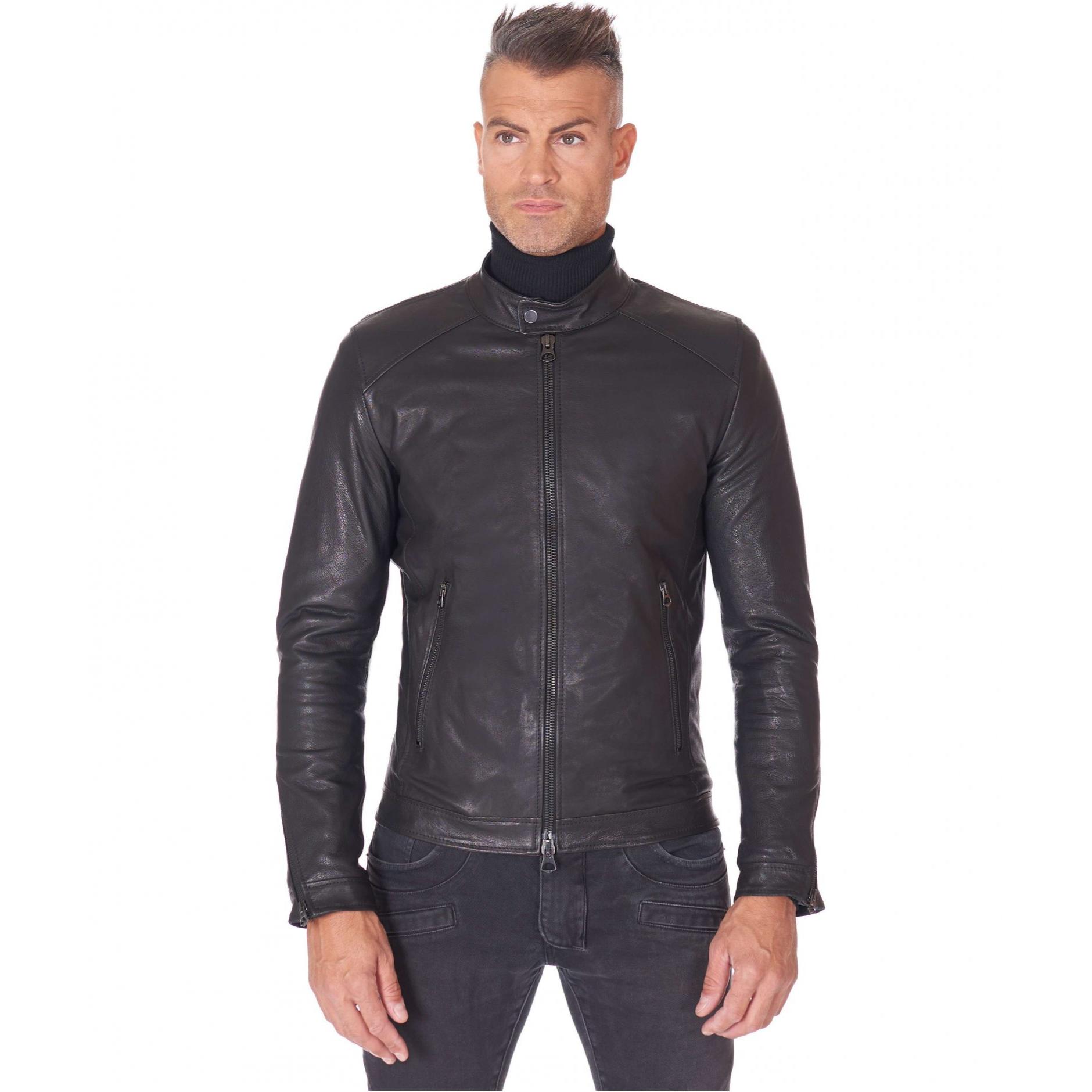 Giubbotto biker in pelle naturale nera collo coreana