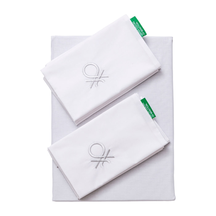Set 3pc cama (funda nórdica 200x200cm + fundas de almohada 80x80cm (x2), 100% algodón, 200tc, blanco y gris Benetton