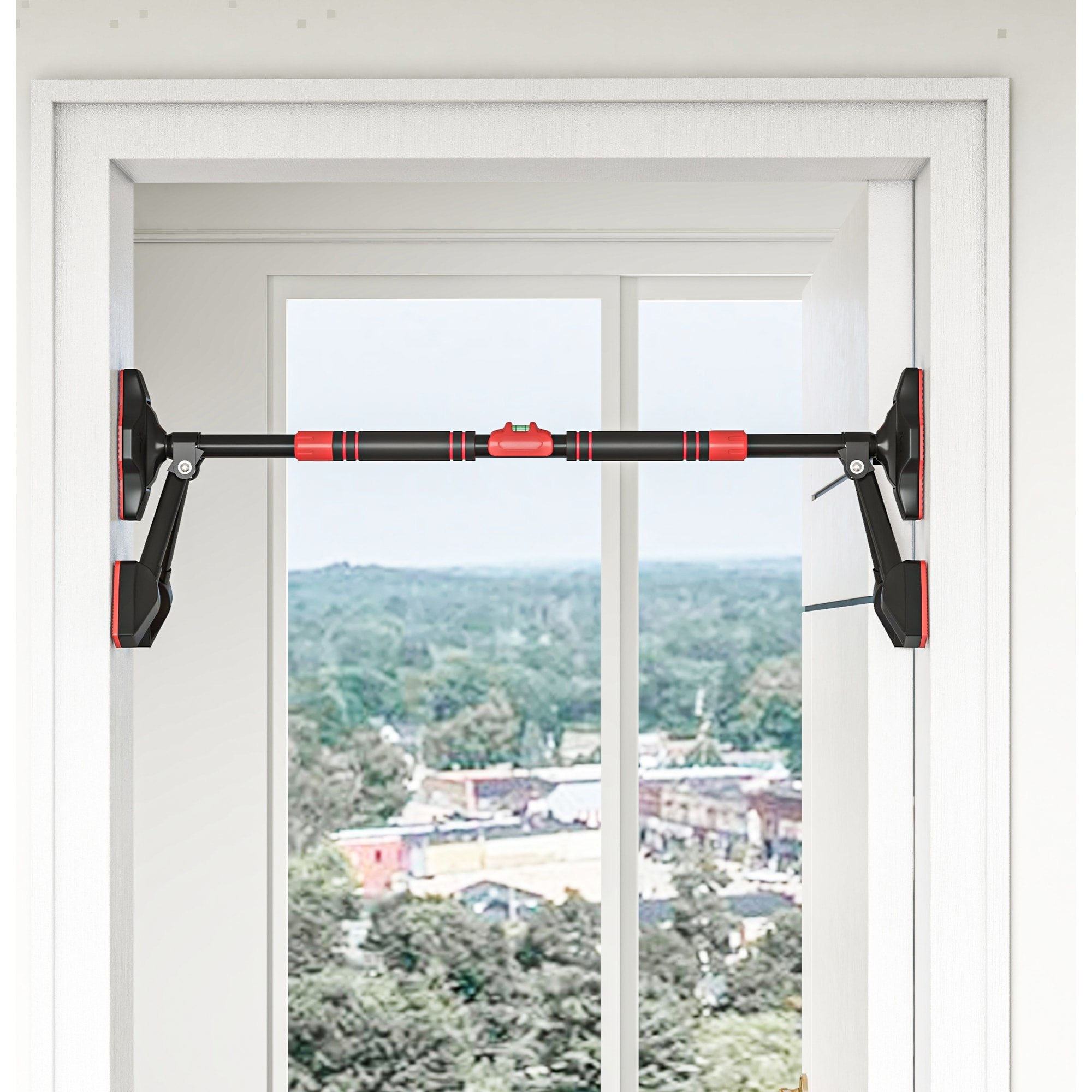 Barre de traction réglable de 79 à 98 cm, barre de porte niveau intégré, structure triangulaire robuste, support à 6 points, poignées antidérapantes, jusqu'à 225 kg, noir