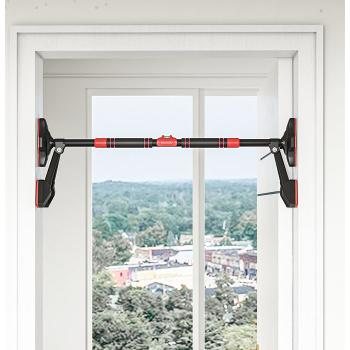 Barre de traction réglable de 79 à 98 cm, barre de porte niveau intégré, structure triangulaire robuste, support à 6 points, poignées antidérapantes, jusqu'à 225 kg, noir