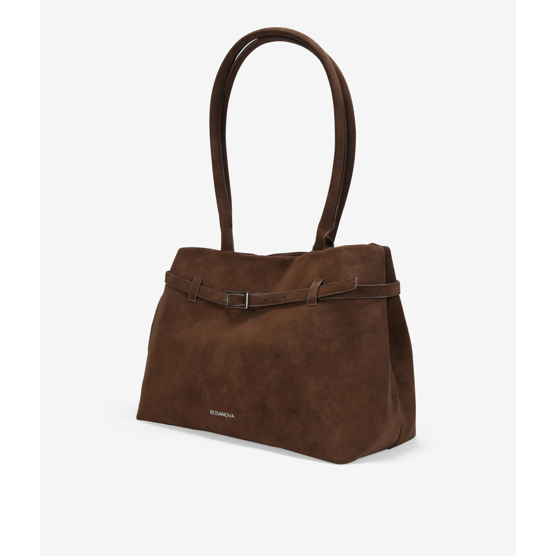 Bolso de hombro marrón con cinturón y hebilla