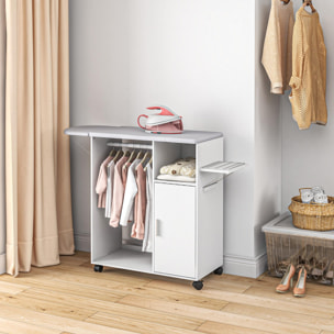 HOMCOM Mueble de Planchar de Madera Mueble de Planchado Tabla de Planchar Plegable con Ruedas Barra para Colgar Ropa Estante Abierto para Sala Dormitorio 107x42,5x99 cm Blanco