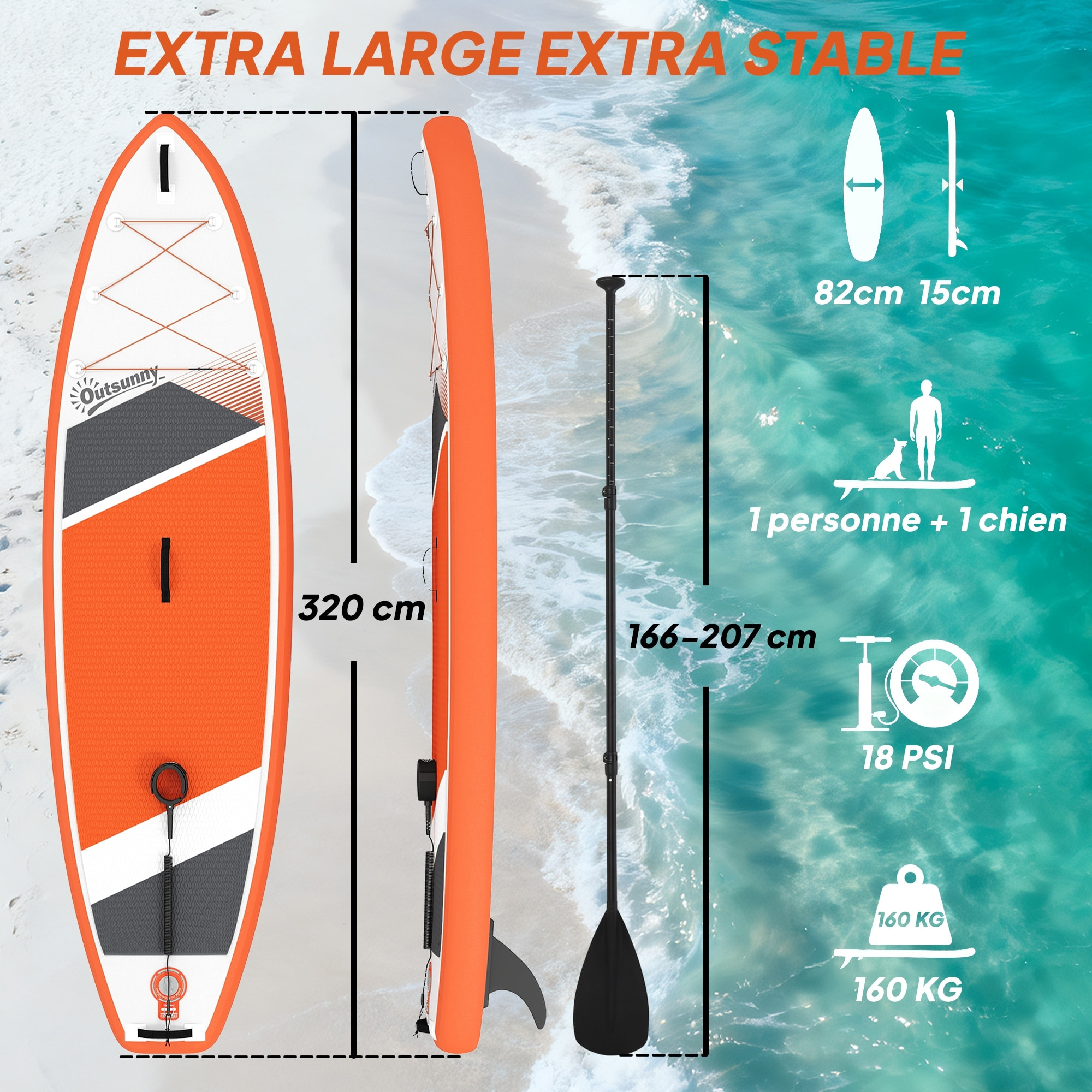 Stand up paddle gonflable 10'6 - 160 Kg - pagaie réglable pompe et sac transport