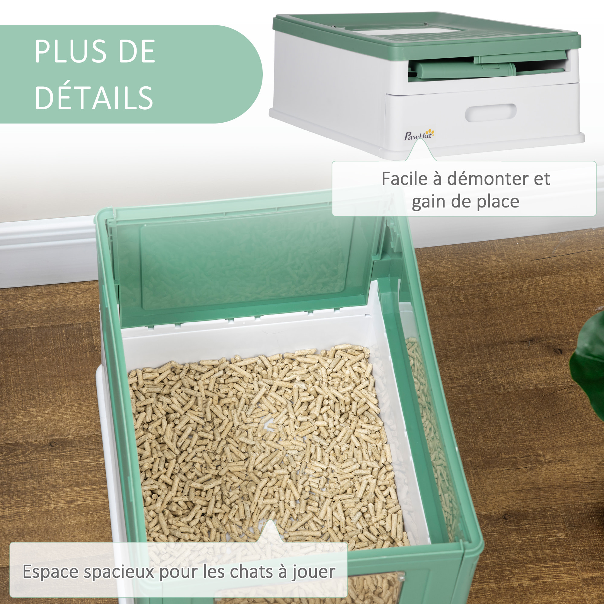 Maison de toilette pliable pour chat - tiroir à litière coulissant, porte battante et trappe transparente, pelle - blanc vert