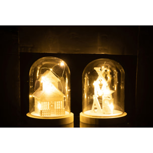 J-Line décoration cloche Hiver - bois/verre - blanc - 2 pcs - LED