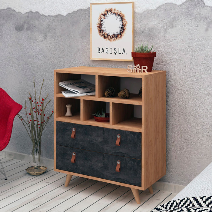 Mueble de roble oscuro con 100% tablero aglomerado rechapado en melamina.