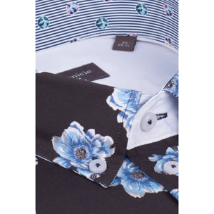 Camicia Uomo 1 Bottoni Button Down Slim Popeline Stampato Blu/Celeste