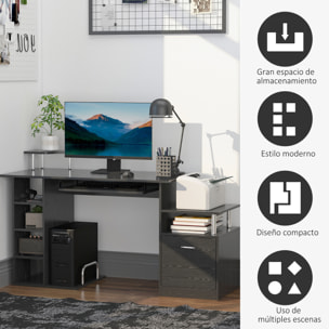 Mesa de Ordenador Mesa de Escritorio con 6 Estantes Cajón Bandeja de Teclado y Soportes para Monitor Impresora para Oficina Estudio 152x60x88 cm Negro