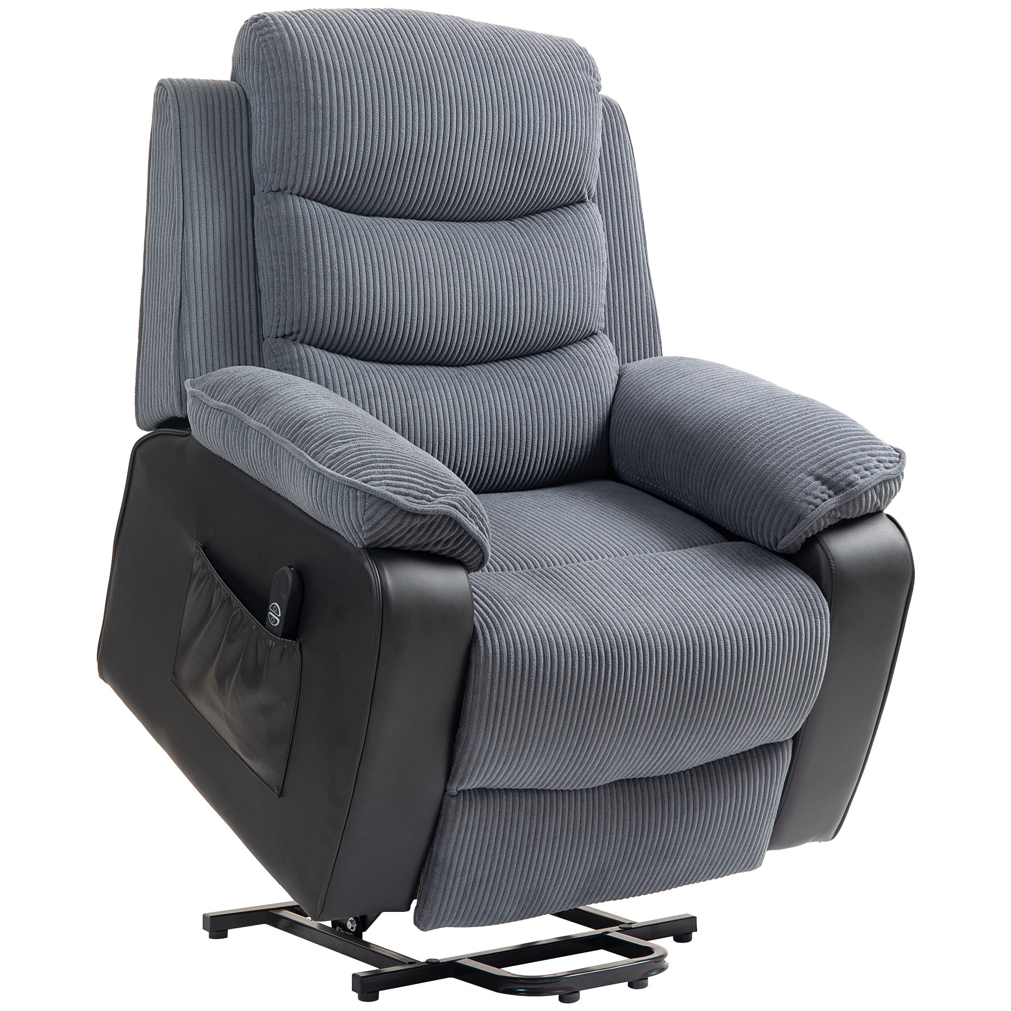Sillón Relax Reclinable Eléctrico Levanta Personas Mayores, Sillón Elevador, con Puerto USB, Asiento Ancho 60 cm, Control Remoto, Reposapiés, Tapizado en Pana y Cuero, Bolsillos, Gris Oscuro