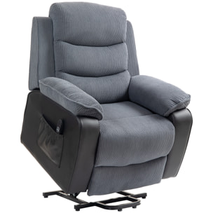 Sillón Relax Reclinable Eléctrico Levanta Personas Mayores, Sillón Elevador, con Puerto USB, Asiento Ancho 60 cm, Control Remoto, Reposapiés, Tapizado en Pana y Cuero, Bolsillos, Gris Oscuro