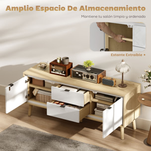 Mueble de TV Moderno de 2 Puertas, Mueble TV para Salón con 2 Cajones, Orificios Pasacables, Estantes Extraíbles y Ajustables, para Televisión 55 Pulgadas, 120x35x50 cm, Blanco Brillo y Roble