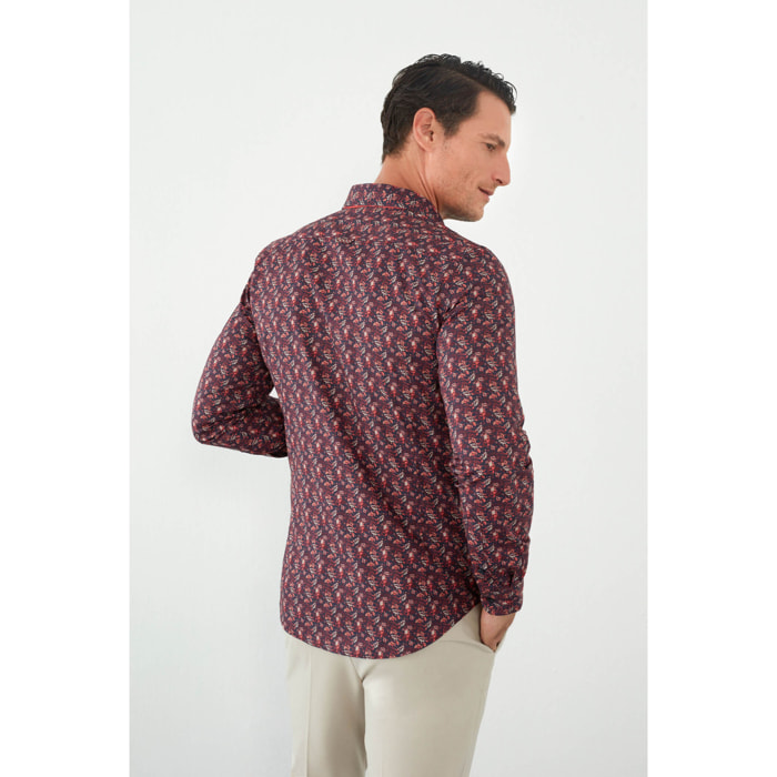 Camicia Uomo 1 Bottoni Button Down Slim Popeline Stampato Blu/Bordeaux
