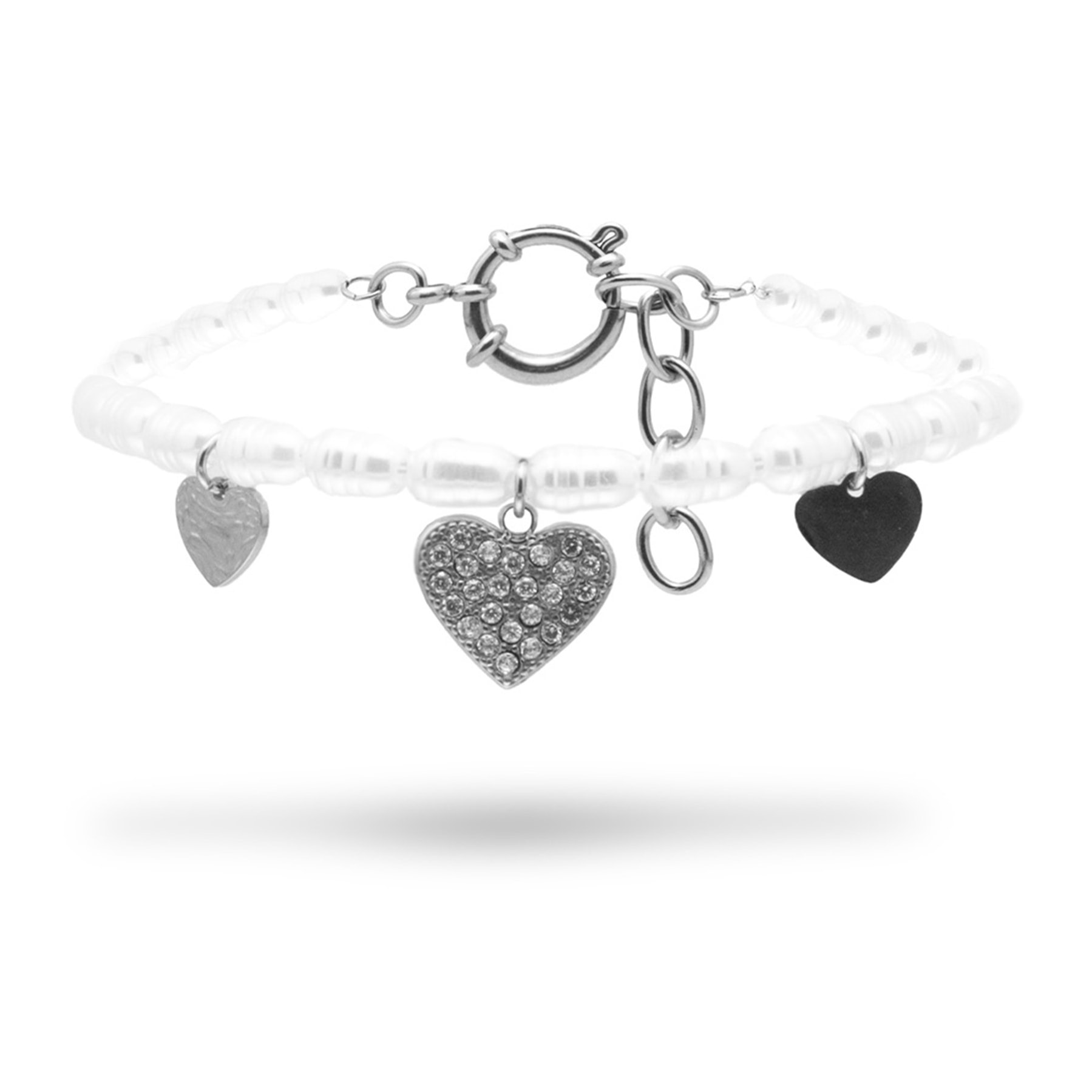Bracciale con Catena di Cuori e Perle in Acciaio Argentato