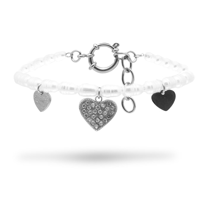 Bracciale con Catena di Cuori e Perle in Acciaio Argentato