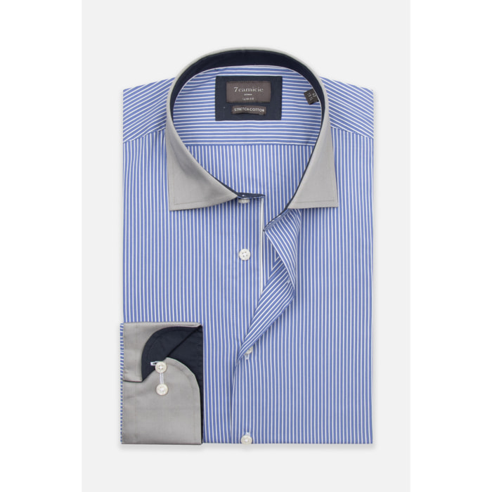 Camicia Uomo 1 Bottone Francese Slim Popeline Stretch Riga Media Blu Inchiostro\Bianco