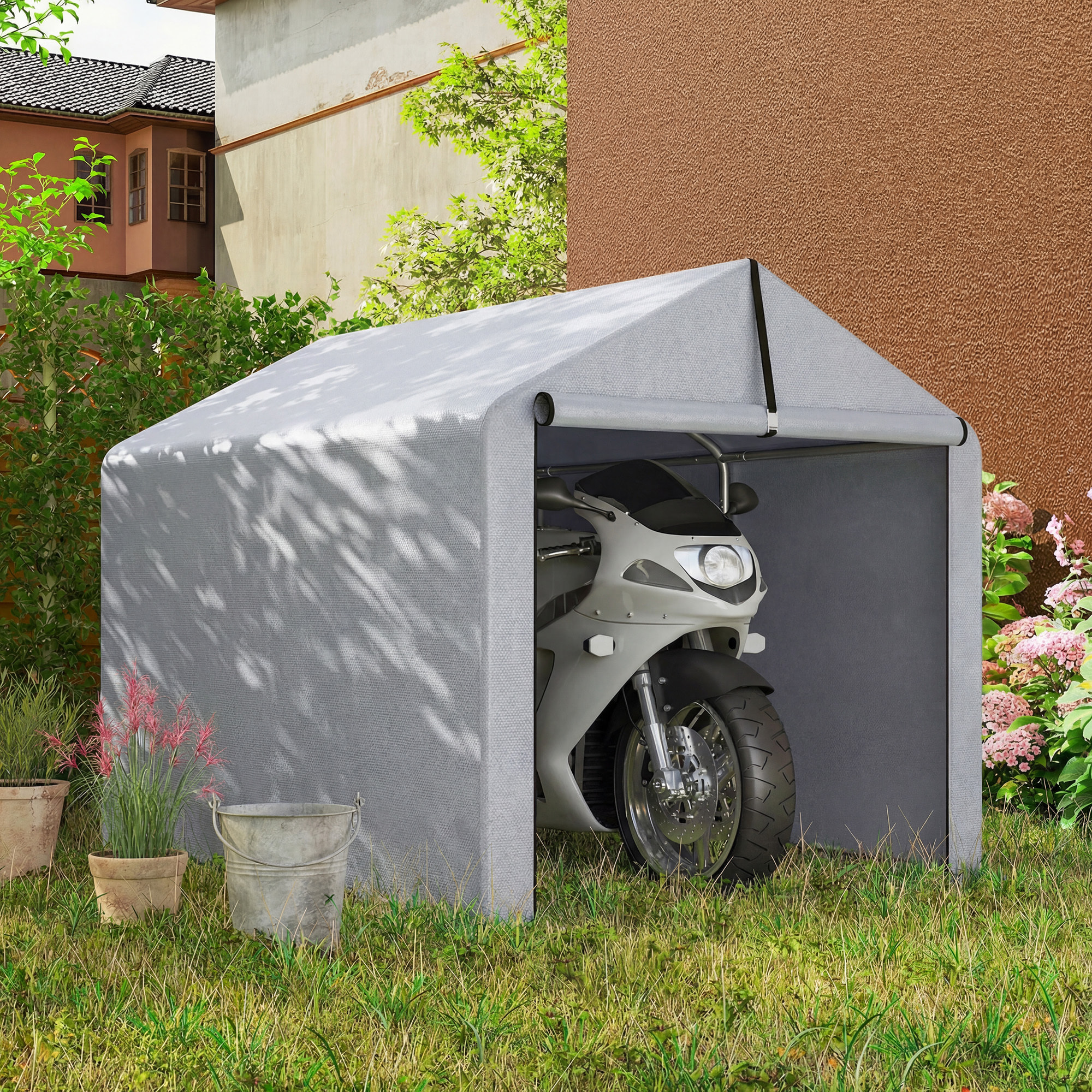 Carpa de Jardín Exterior para Herramientas, Bicicletas, 1,6x2,2x1,6 m, Cobertizo Exterior con Marco de Acero Galvanizado, Puerta Enrollable, Impermeable, Anti-UV, Garaje Portátil, Gris