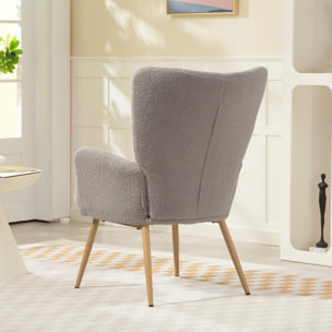 Fauteuil bouclette design à oreilles piètement métal effet bois gris