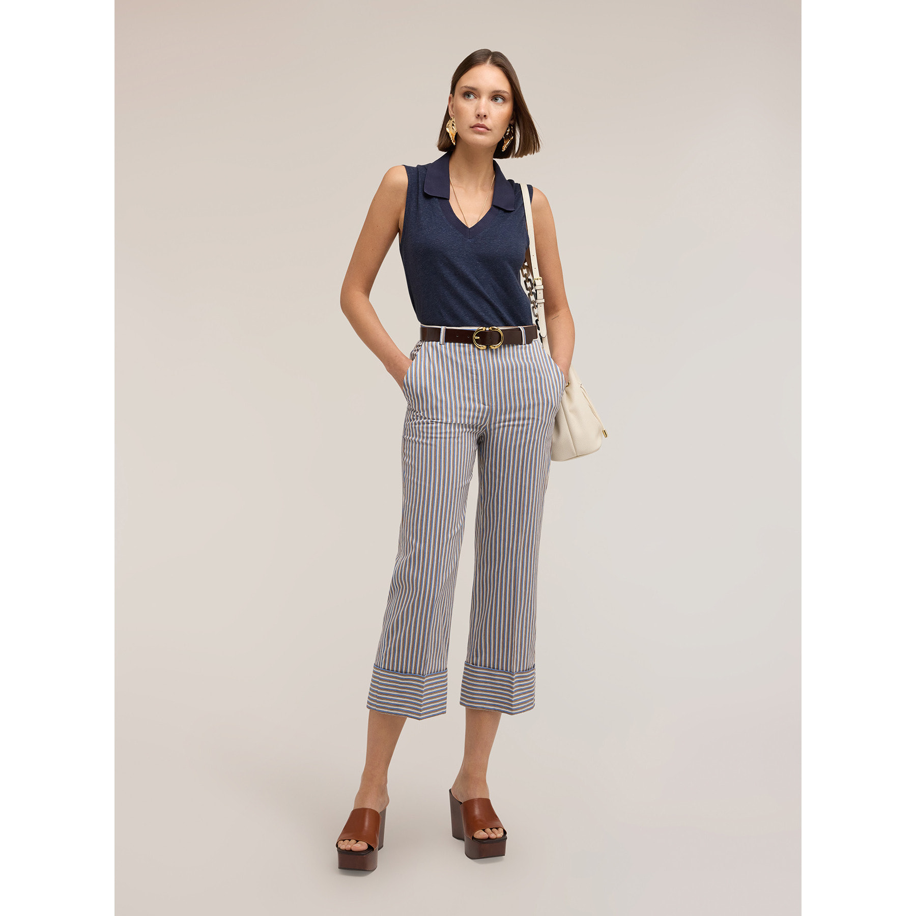 Motivi - Pantaloni cropped a righe in misto cotone - Azzurro