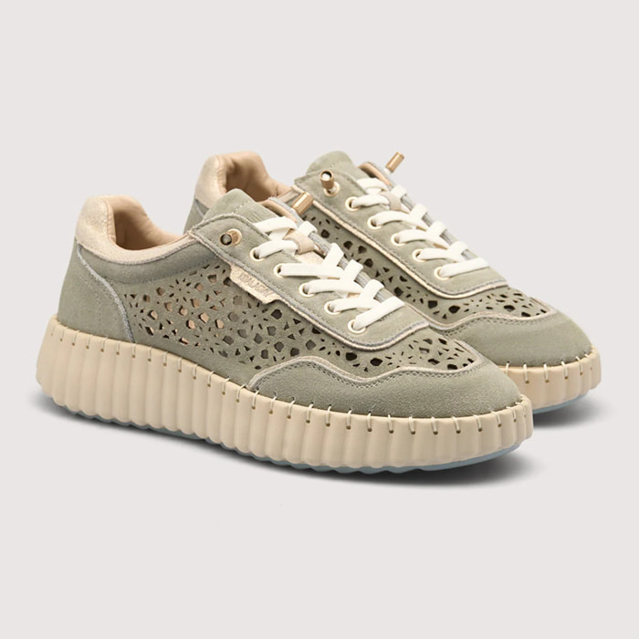 Sneaker Piel Troquelada Caqui - Sienna