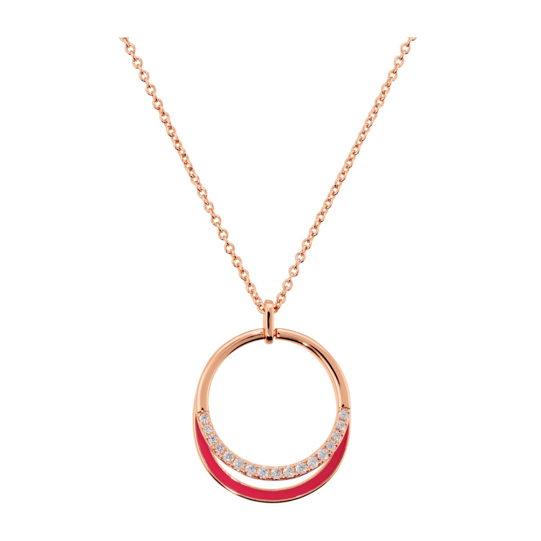Collana con Pendente Doppio ad Anello in Pavé di Cubic Zirconia e Smalto Fucsia