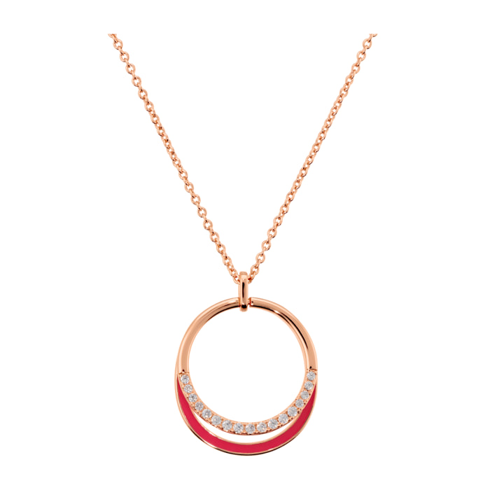 Collana con Pendente Doppio ad Anello in Pavé di Cubic Zirconia e Smalto Fucsia
