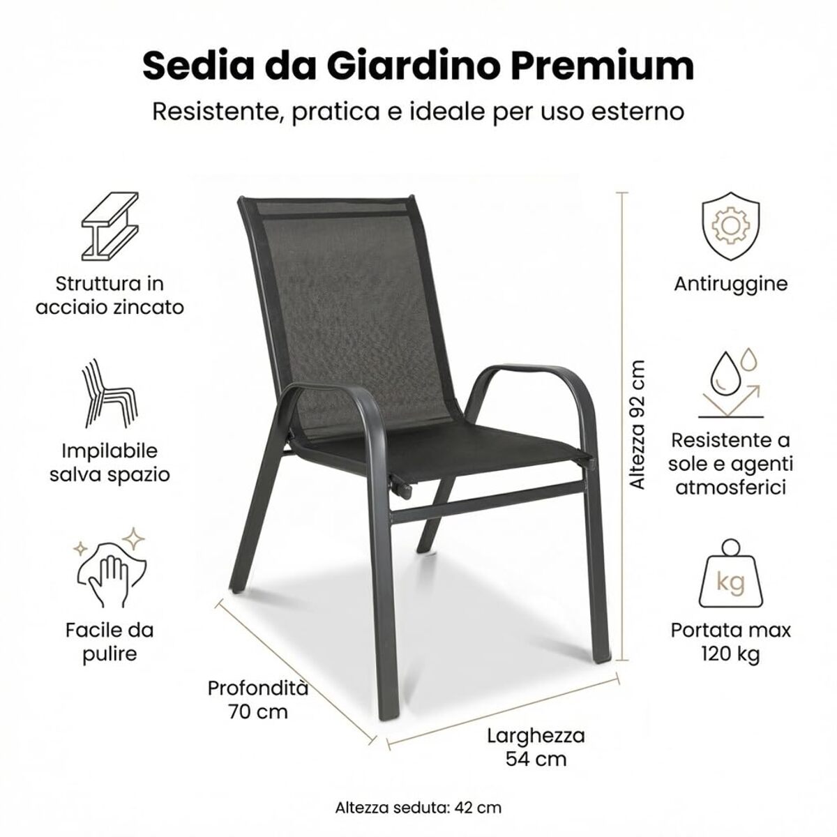 Set 4 sedie da giardino in acciaio zincato verniciato a polvere con seduta in texilene traspirante, resistenti agli agenti atmosferici, leggere e confortevoli, ideali per balcone terrazzo e outdoor, facili da pulire e durevoli