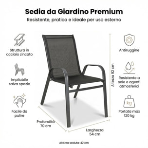 Set 4 sedie da giardino in acciaio zincato verniciato a polvere con seduta in texilene traspirante, resistenti agli agenti atmosferici, leggere e confortevoli, ideali per balcone terrazzo e outdoor, facili da pulire e durevoli