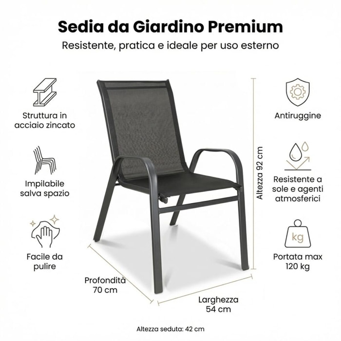 Set 4 sedie da giardino in acciaio zincato verniciato a polvere con seduta in texilene traspirante, resistenti agli agenti atmosferici, leggere e confortevoli, ideali per balcone terrazzo e outdoor, facili da pulire e durevoli